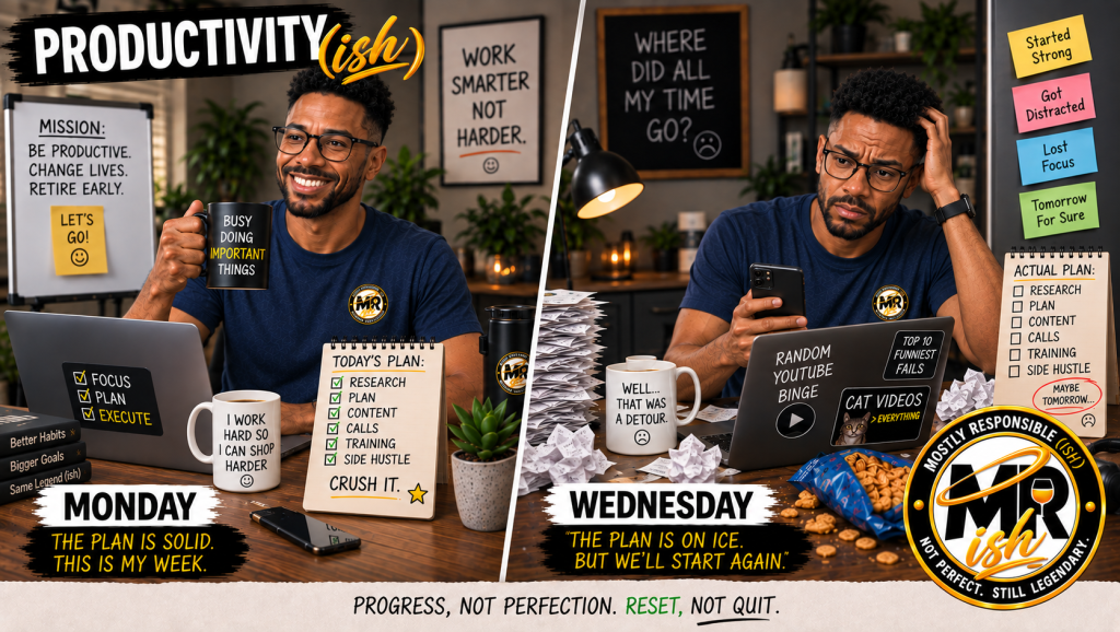 Productivity(ish) graphic showing Tyrone starting with a solid plan before distractions send the week on a detour.