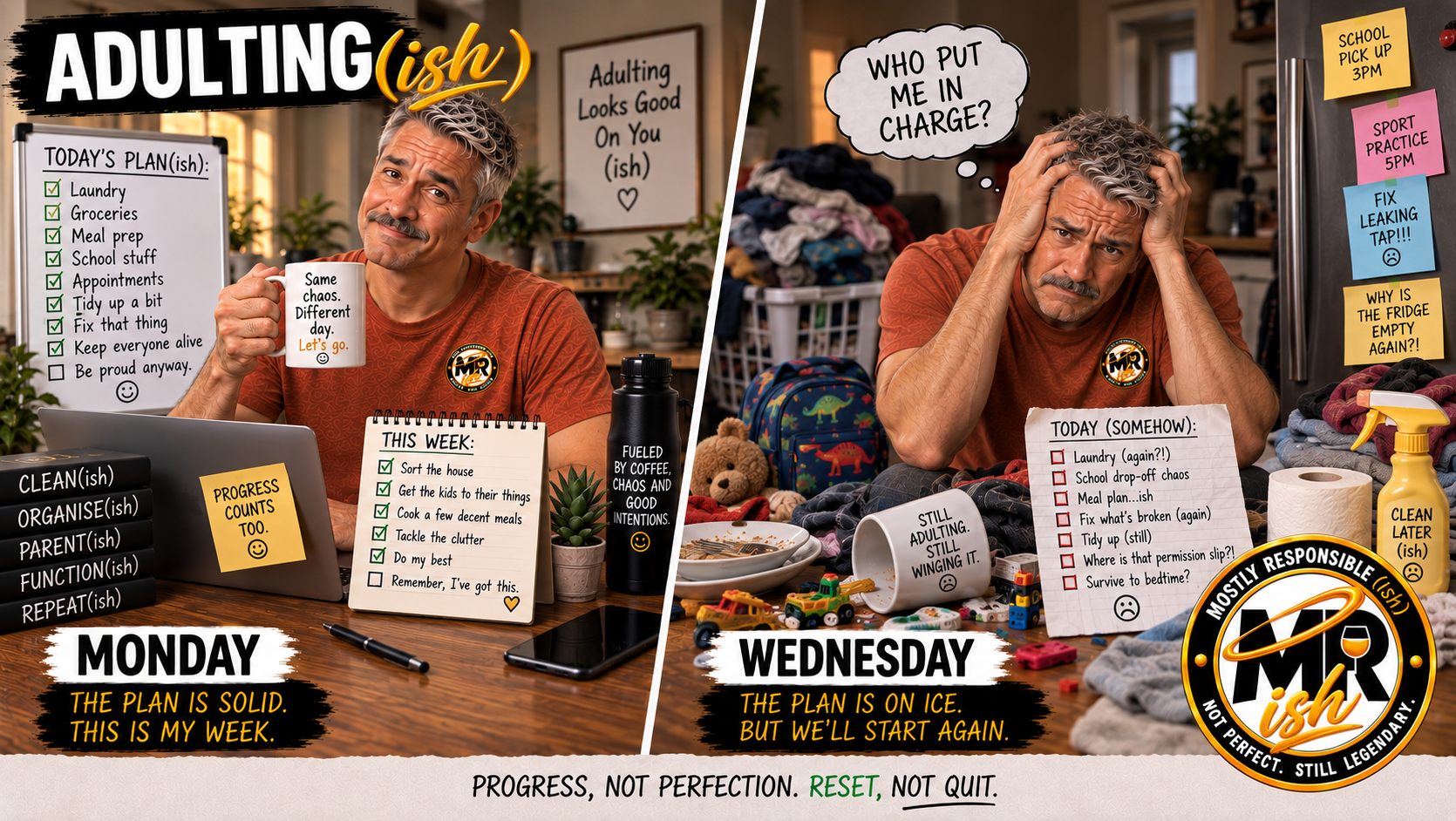 Adulting(ish) graphic showing Wikus managing everyday household responsibilities before the week turns into chaos.