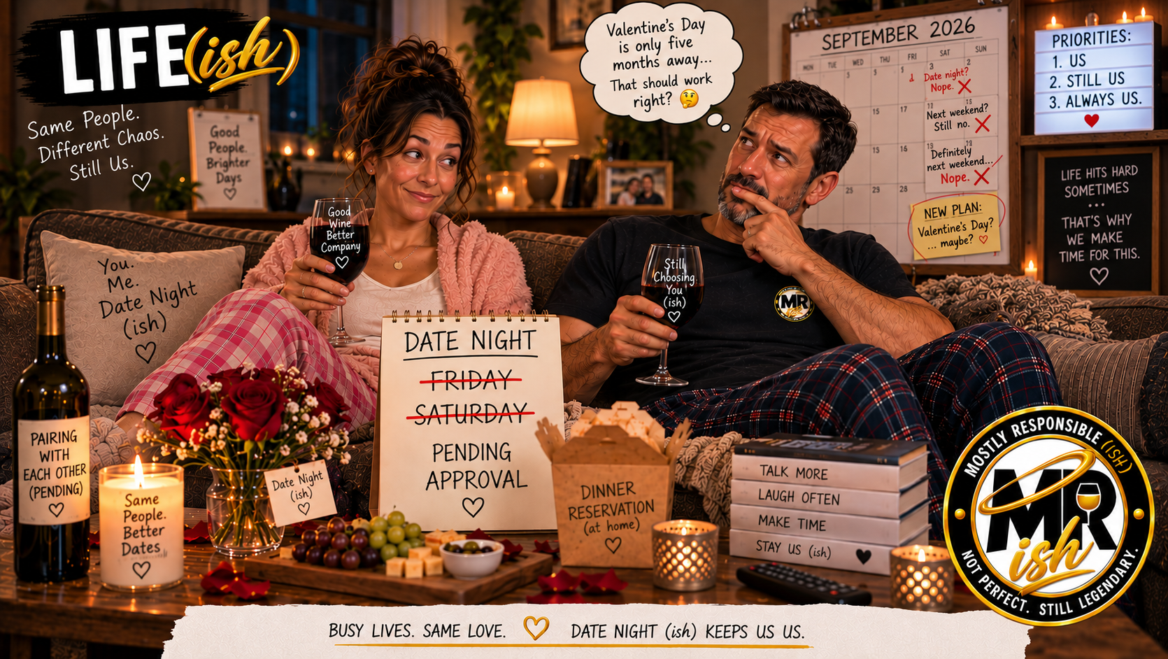 Life(ish) graphic showing Mike and Leanne trying to make time for date night while busy life keeps getting in the way.